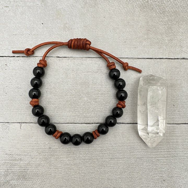 Black Onyx Crystal and Leather Bracelet - SunlightSilver