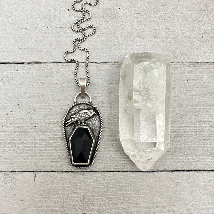 Black Onyx Coffin and Sterling Silver Raven Pendant. Halloween Gothic Jewelry - SunlightSilver
