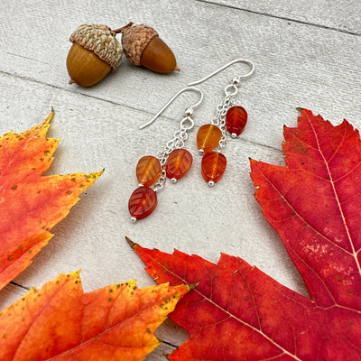 Carnelian Leaf and Sterling Silver Earrings. Autumn Fall Jewelry