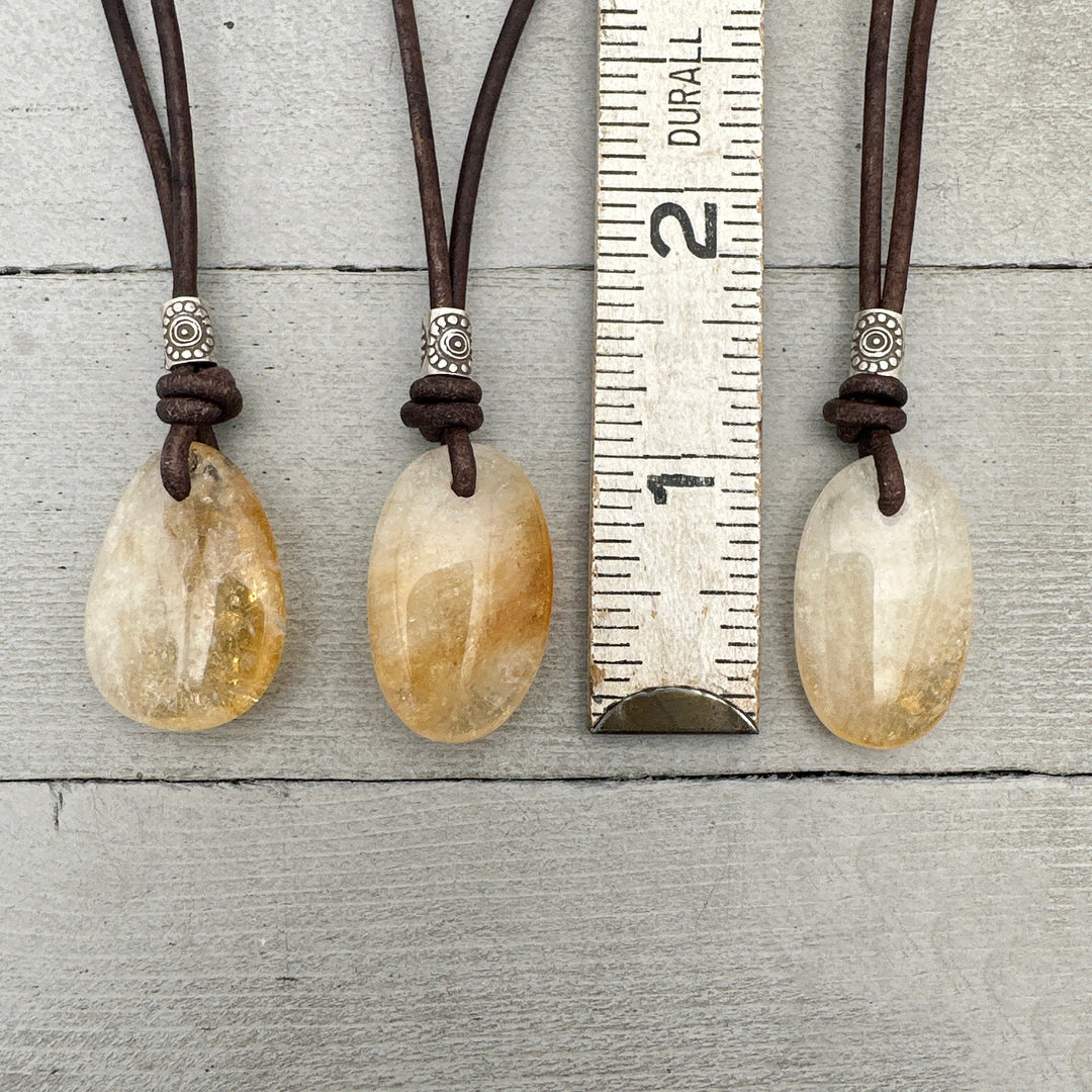 Citrine Pendant Leather Necklace. Healing Crystal. November Birthstone - SunlightSilver