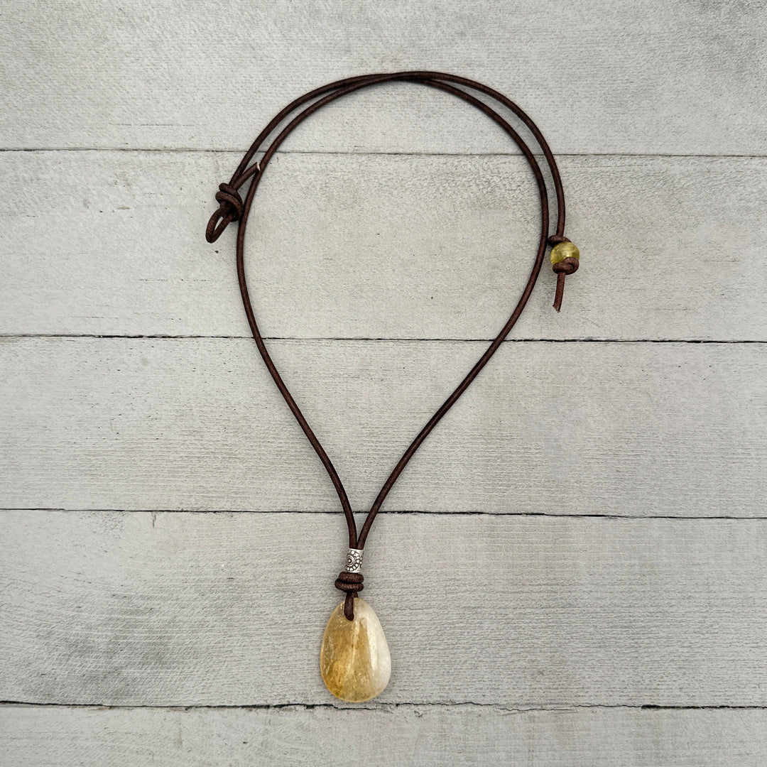 Citrine Pendant Leather Necklace. Healing Crystal. November Birthstone - SunlightSilver