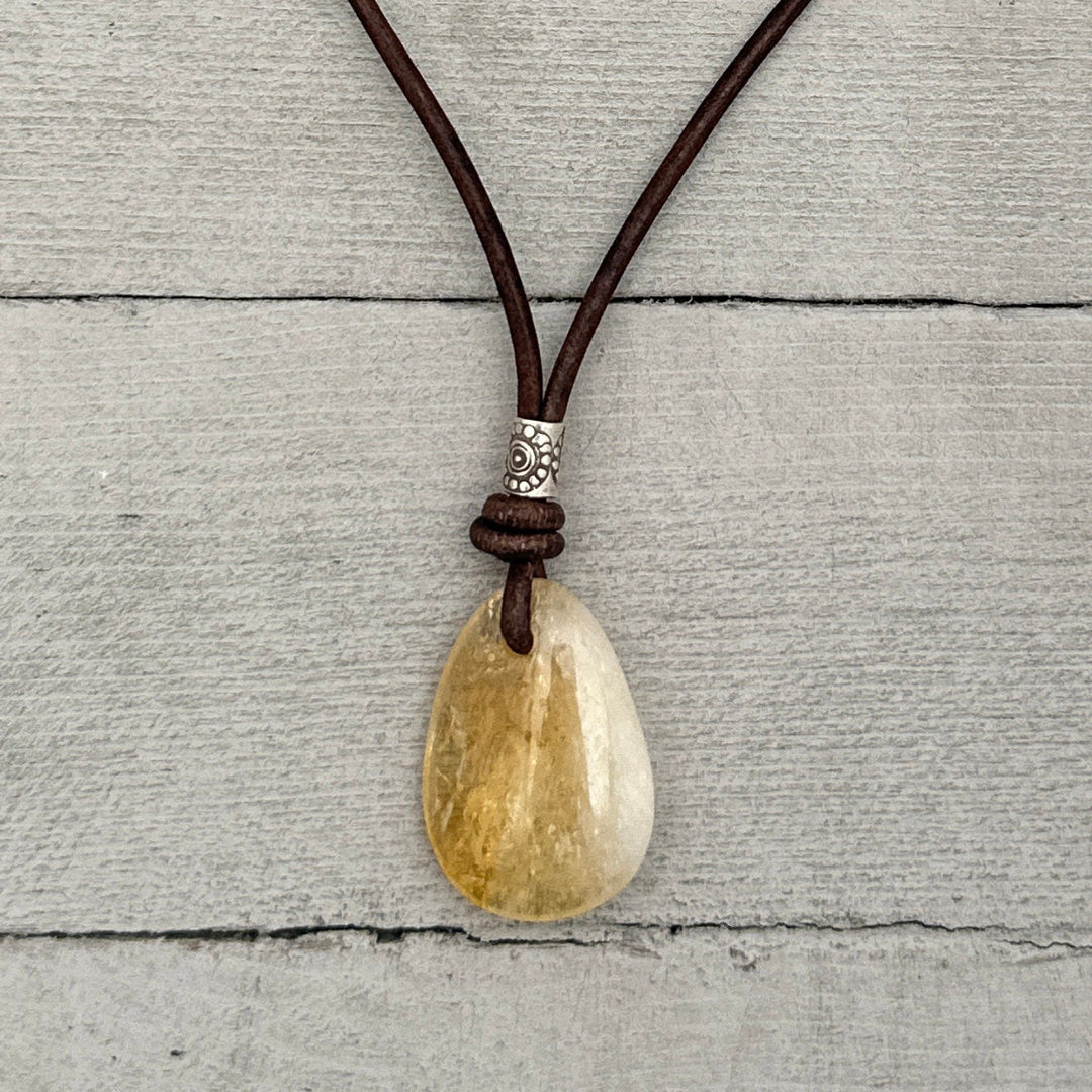 Citrine Pendant Leather Necklace. Healing Crystal. November Birthstone - SunlightSilver