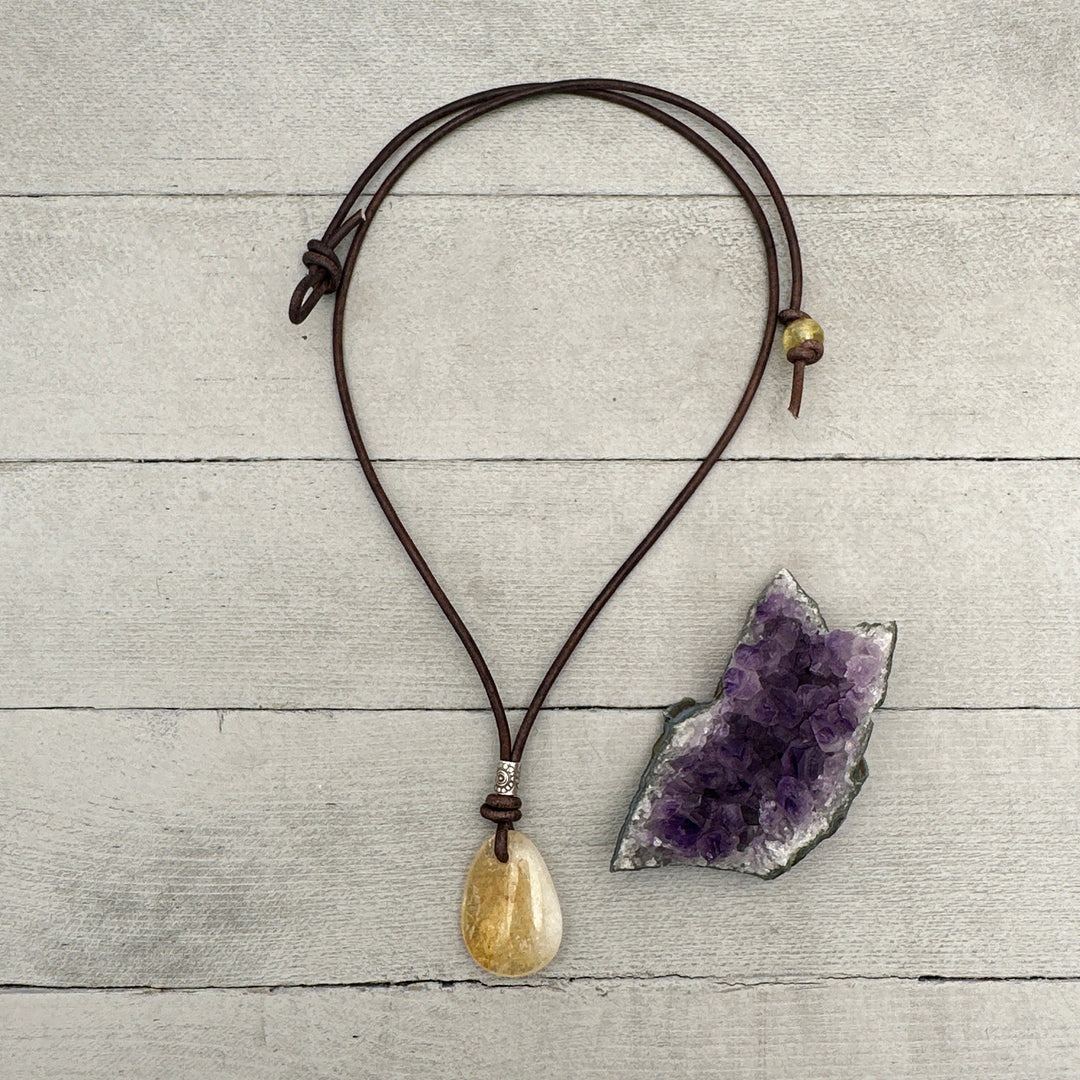 Citrine Pendant Leather Necklace. Healing Crystal. November Birthstone - SunlightSilver