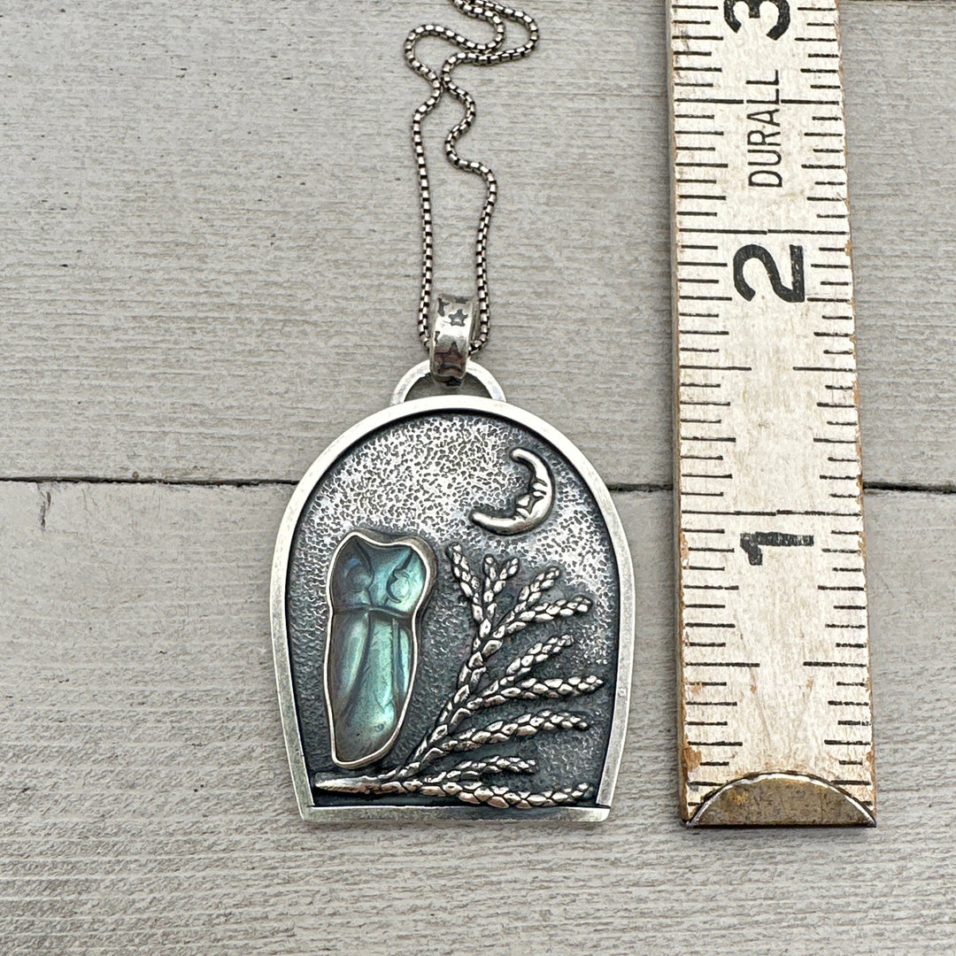 Labradorite Carved Owl, Tree, Moon Shadowbox Sterling Silver Pendant - SunlightSilver