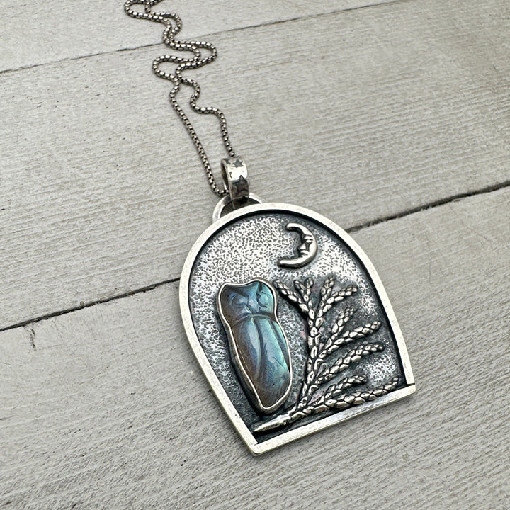 Labradorite Carved Owl, Tree, Moon Shadowbox Sterling Silver Pendant - SunlightSilver