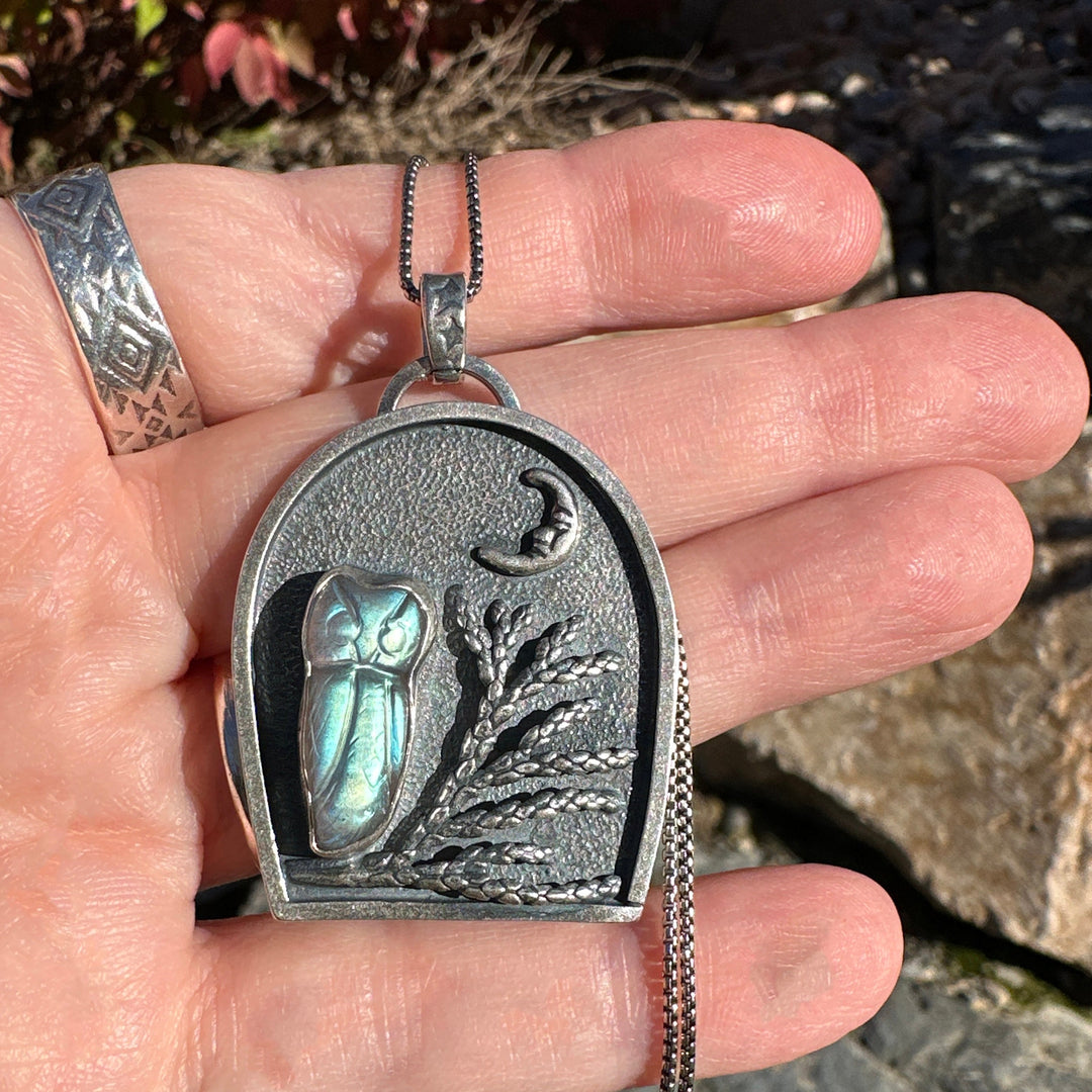 Labradorite Carved Owl, Tree, Moon Shadowbox Sterling Silver Pendant - SunlightSilver