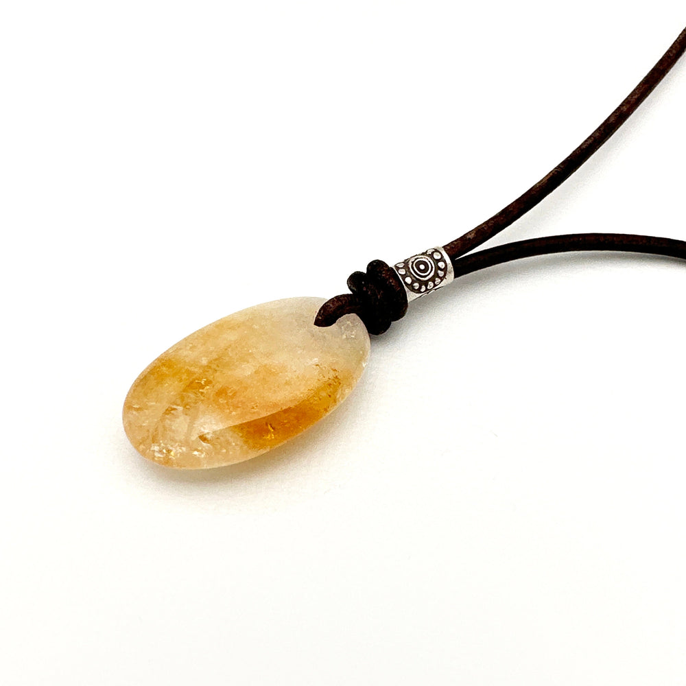 Citrine Pendant Leather Necklace. Healing Crystal. November Birthstone - SunlightSilver