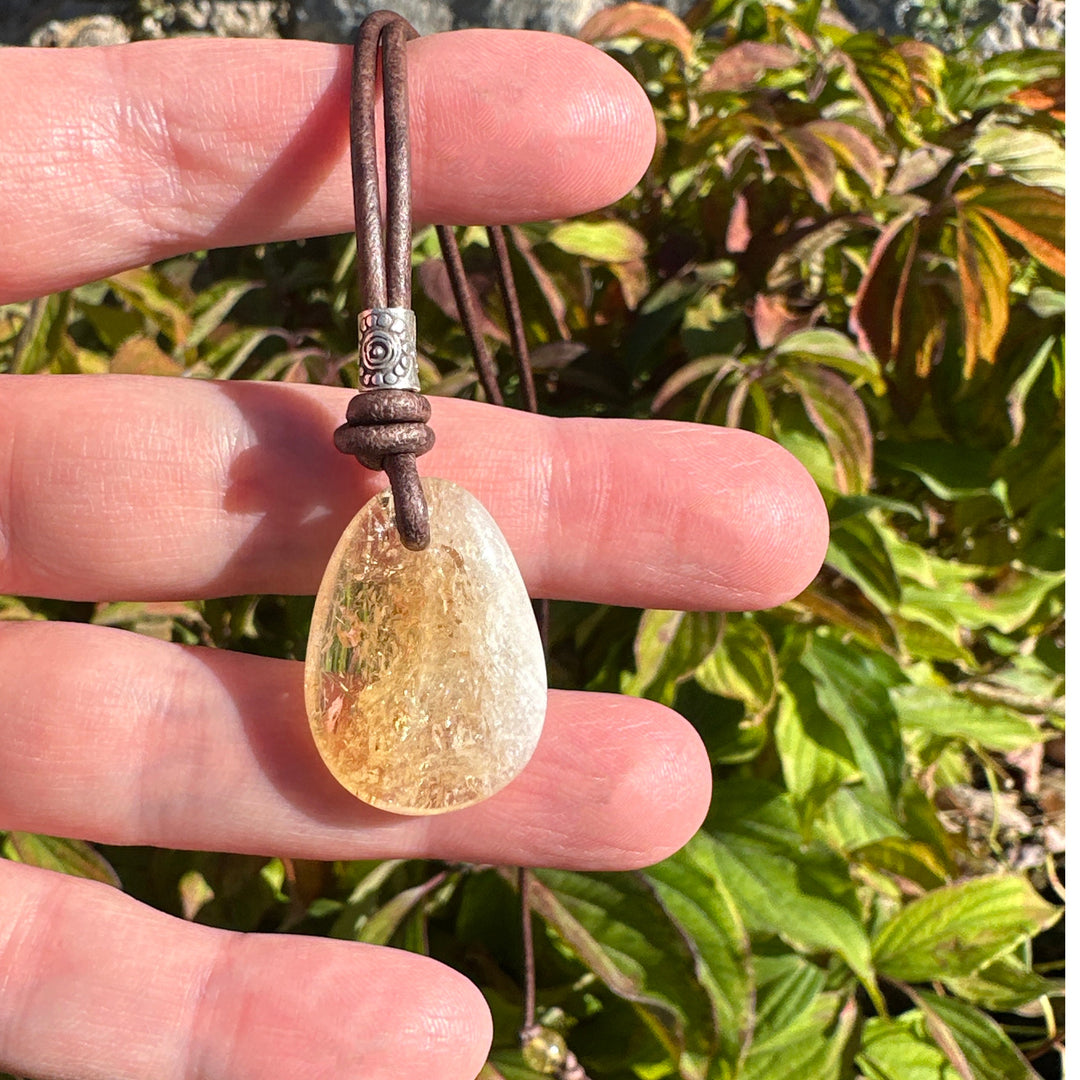 Citrine Pendant Leather Necklace. Healing Crystal. November Birthstone - SunlightSilver