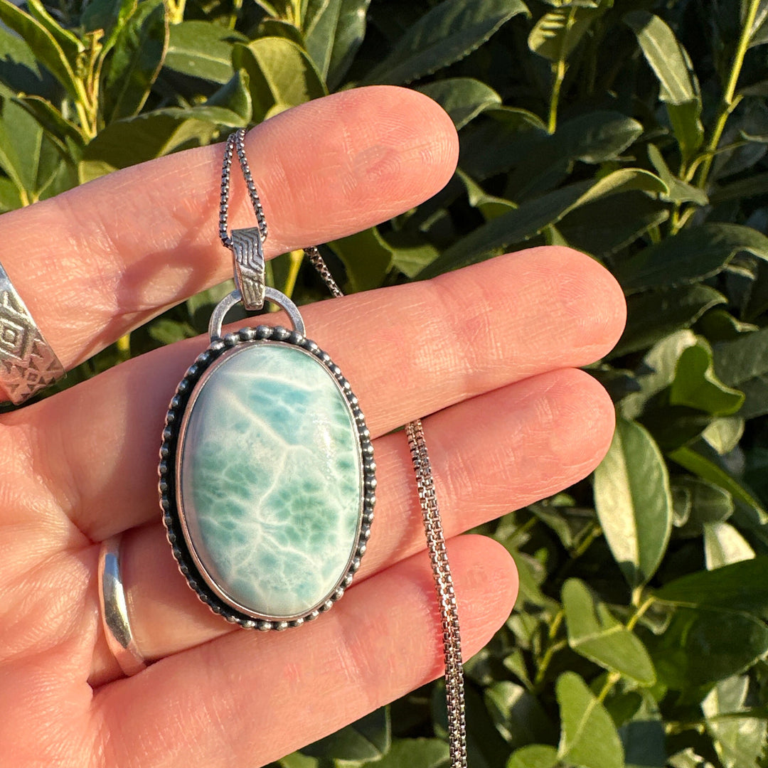 Larimar and Solid 925 Sterling Silver Pendant Necklace. AAA Genuine Stone - SunlightSilver