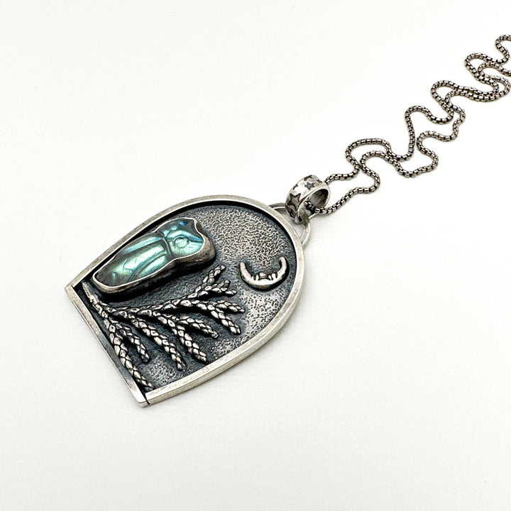 Labradorite Carved Owl, Tree, Moon Shadowbox Sterling Silver Pendant - SunlightSilver