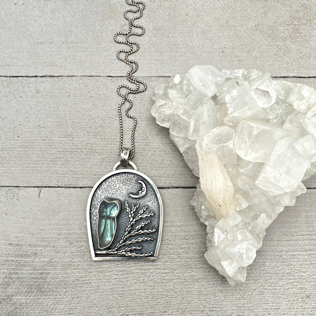 Labradorite Carved Owl, Tree, Moon Shadowbox Sterling Silver Pendant - SunlightSilver