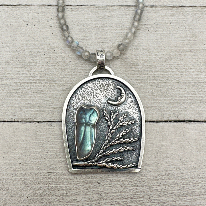 Labradorite Carved Owl, Tree, Moon Shadowbox Sterling Silver Pendant - SunlightSilver