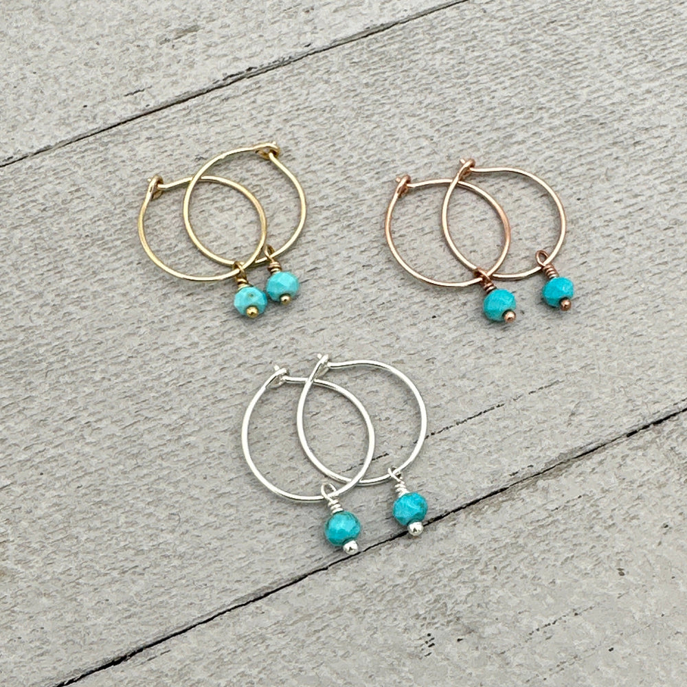 Turquoise Charm Hoop Earrings Available in Solid 925 Sterling Silver, 14k Yellow or Rose Gold Fill - SunlightSilver