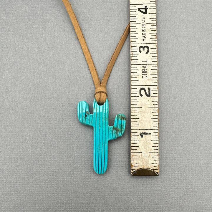 Blue Kingman Turquoise Saguaro Cactus Adjustable Leather Pendant Necklace