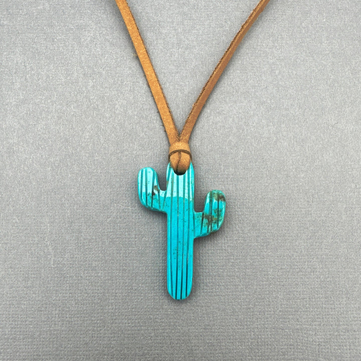 Blue Kingman Turquoise Saguaro Cactus Adjustable Leather Pendant Necklace