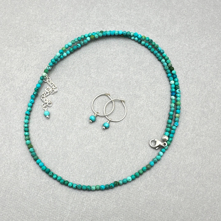 Faceted Turquoise and Sterling Silver Beaded Necklace. Tiny 2mm beads - SunlightSilver