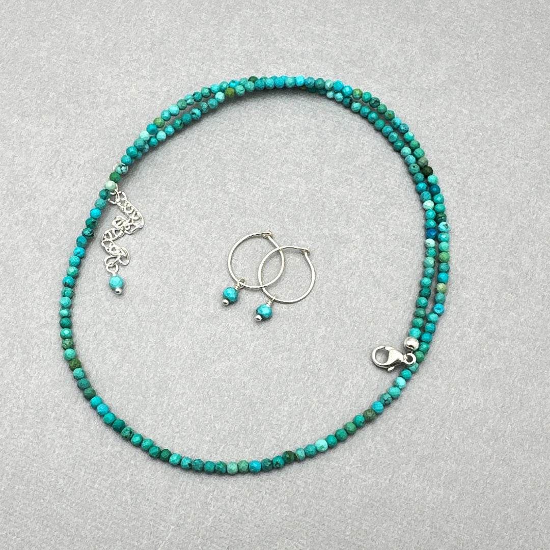 Turquoise Beaded Necklace – 2mm Faceted Blue-Green Gemstones with Sterling Silver – Handmade in the USA - SunlightSilver