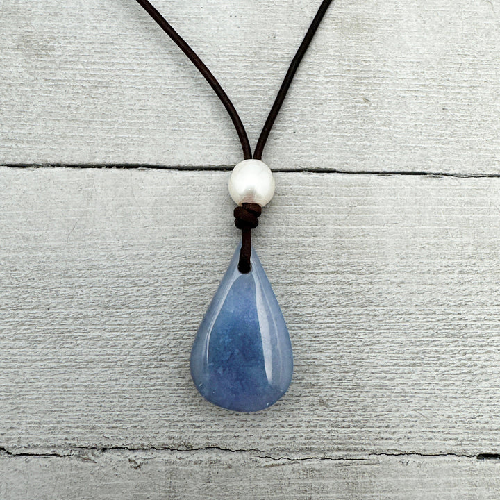 Natural Lavender Blue Chalcedony, Freshwater Pearl, and Brown Leather Necklace