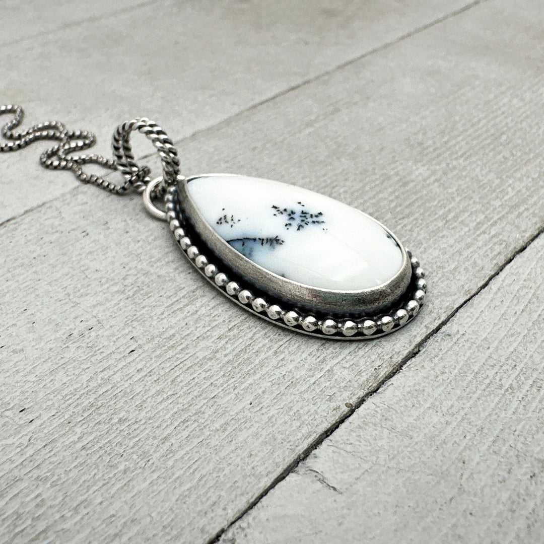 Dendritic Opal Chalcedony Sterling Silver Necklace. Snowflake Pendant