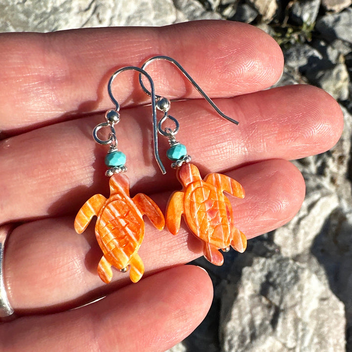 Spiny Oyster and Turquoise Sea Turtle Earrings - SunlightSilver