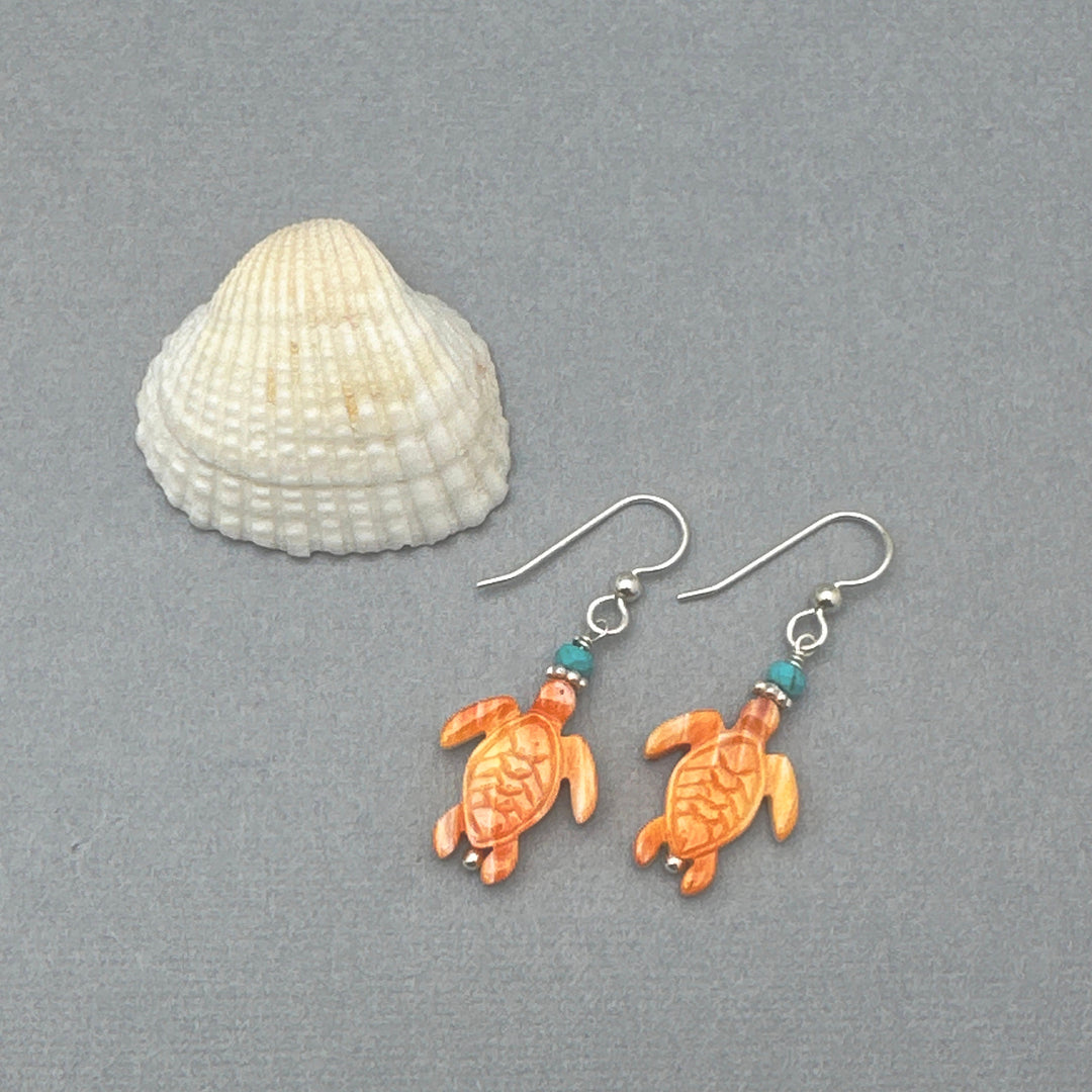 Spiny Oyster and Turquoise Sea Turtle Earrings - SunlightSilver