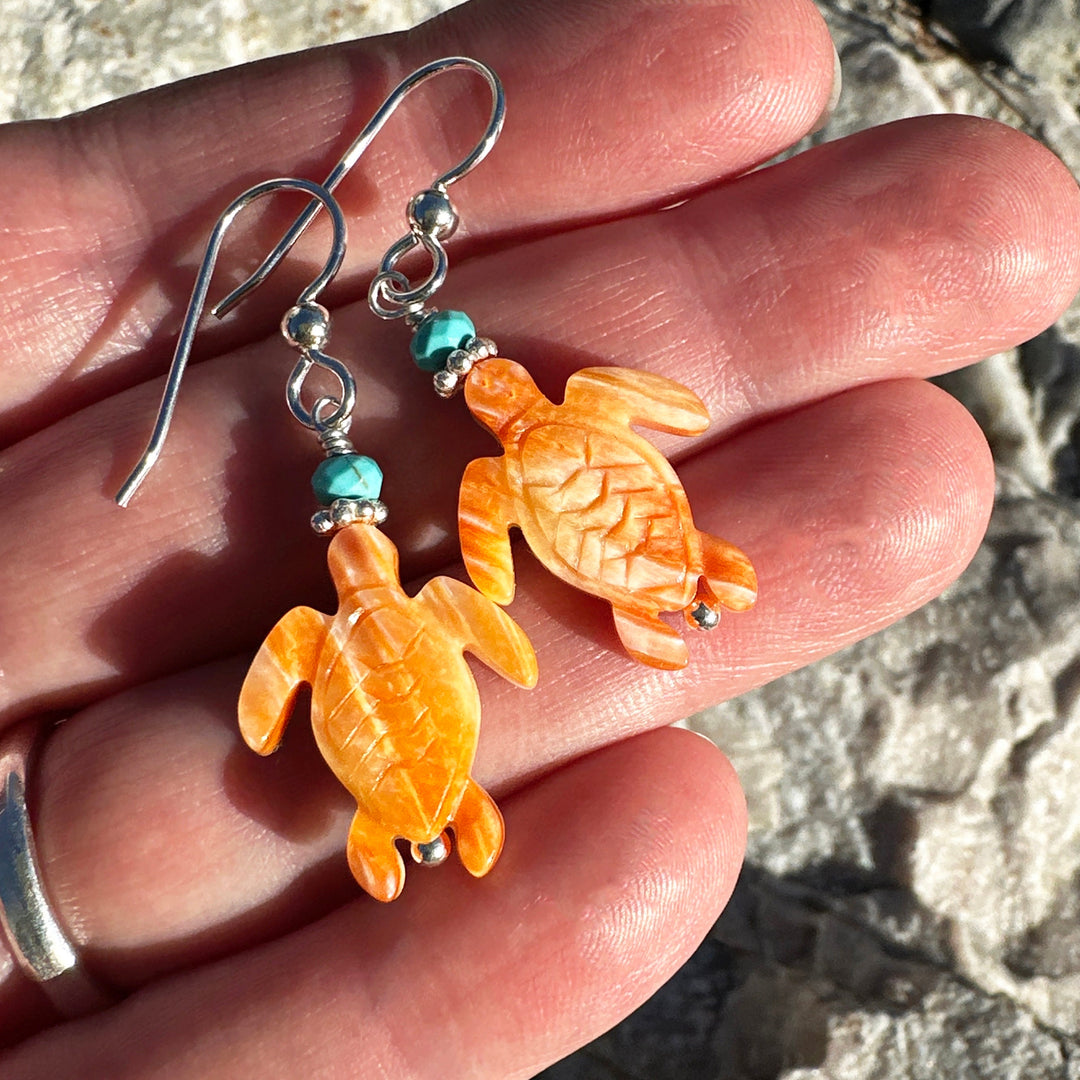 Spiny Oyster and Turquoise Sea Turtle Earrings - SunlightSilver