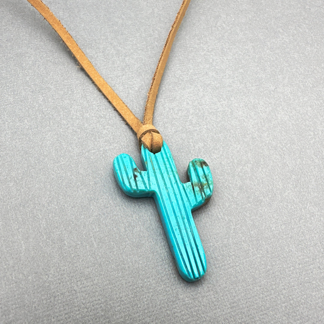 Blue Kingman Turquoise Saguaro Cactus Adjustable Leather Pendant Necklace - SunlightSilver