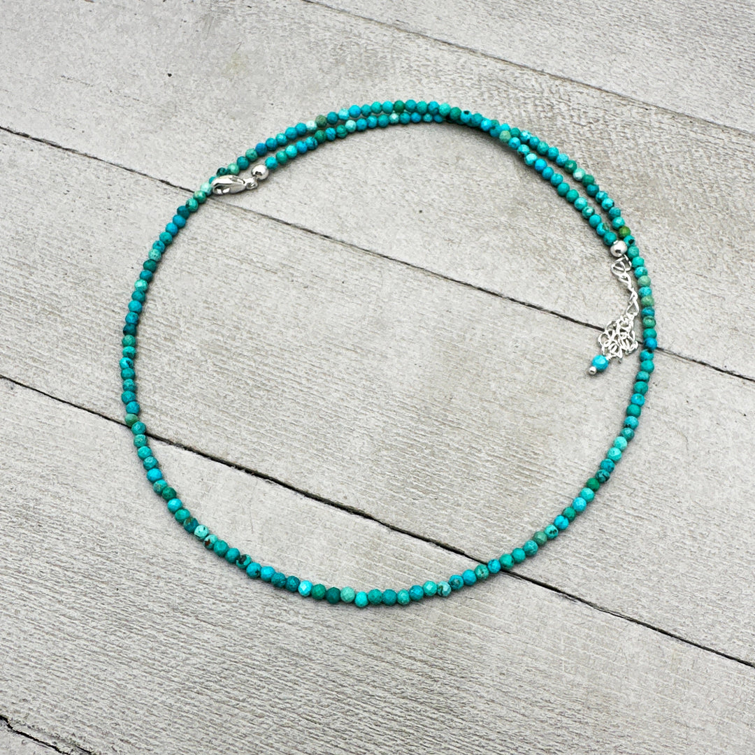 Faceted Turquoise and Sterling Silver Beaded Necklace. Tiny 2mm beads - SunlightSilver