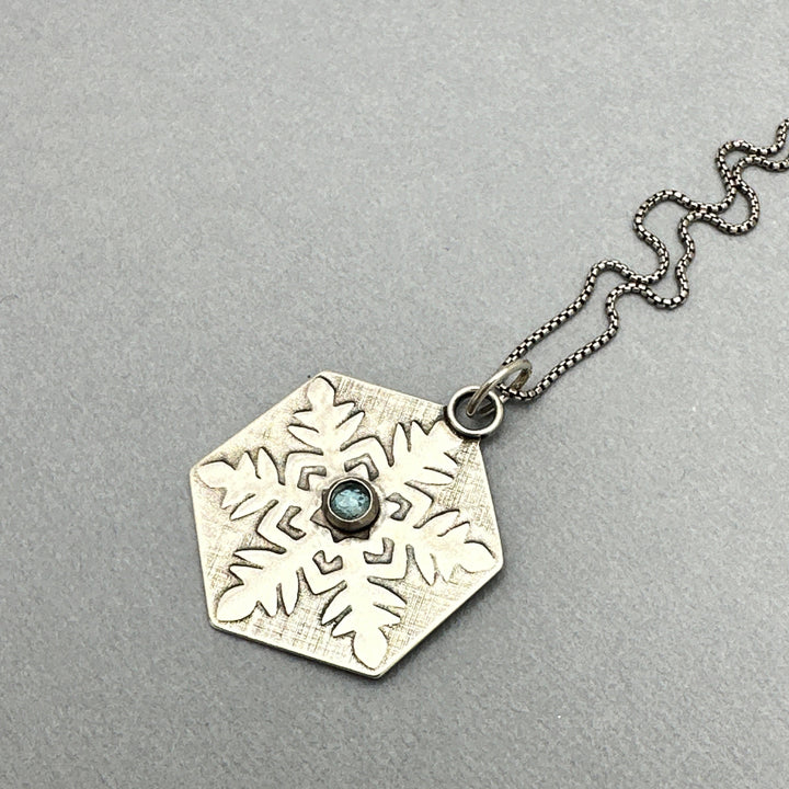 Aquamarine and Sterling Silver Snowflake Pendant Necklace - SunlightSilver