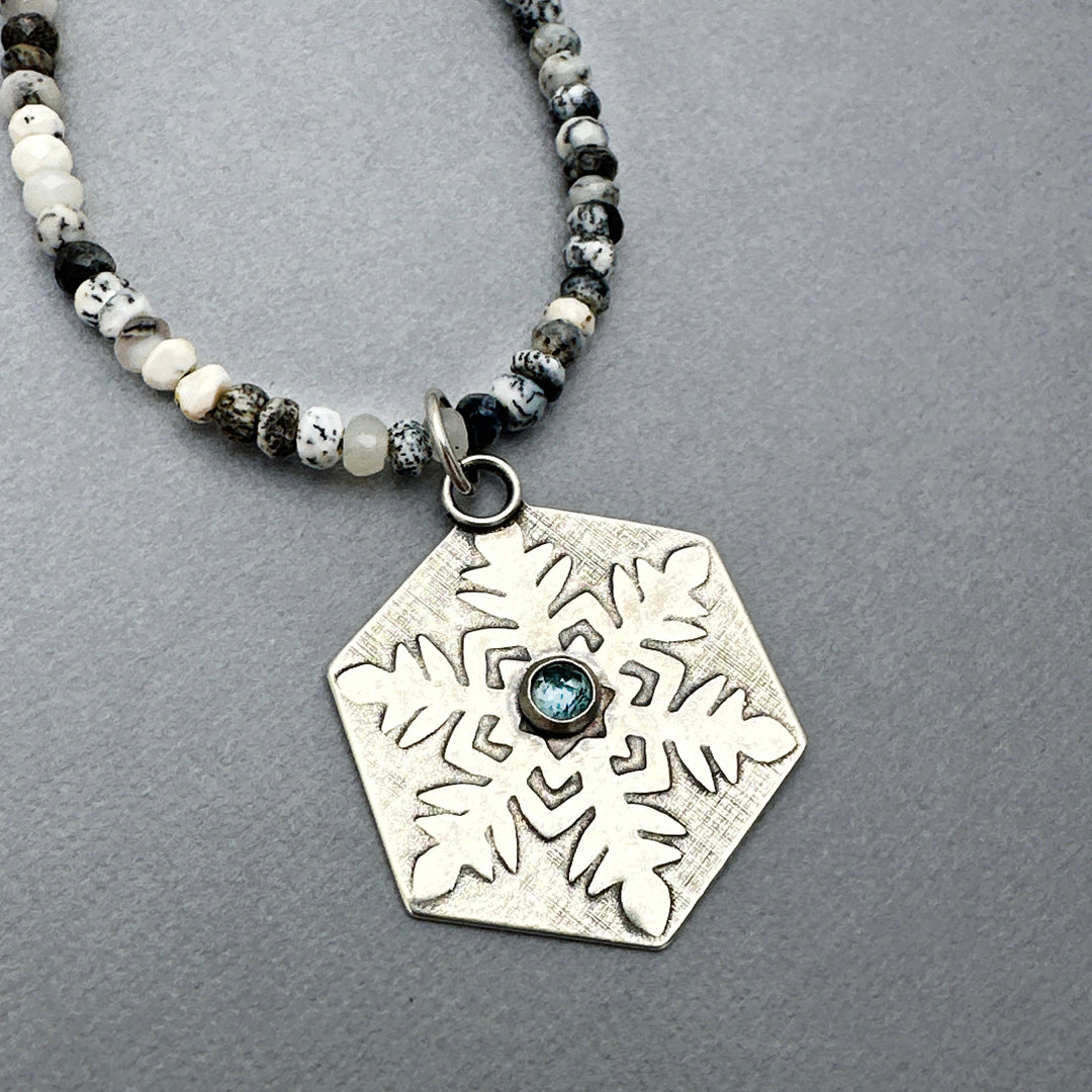 Aquamarine and Sterling Silver Snowflake Pendant Necklace - SunlightSilver