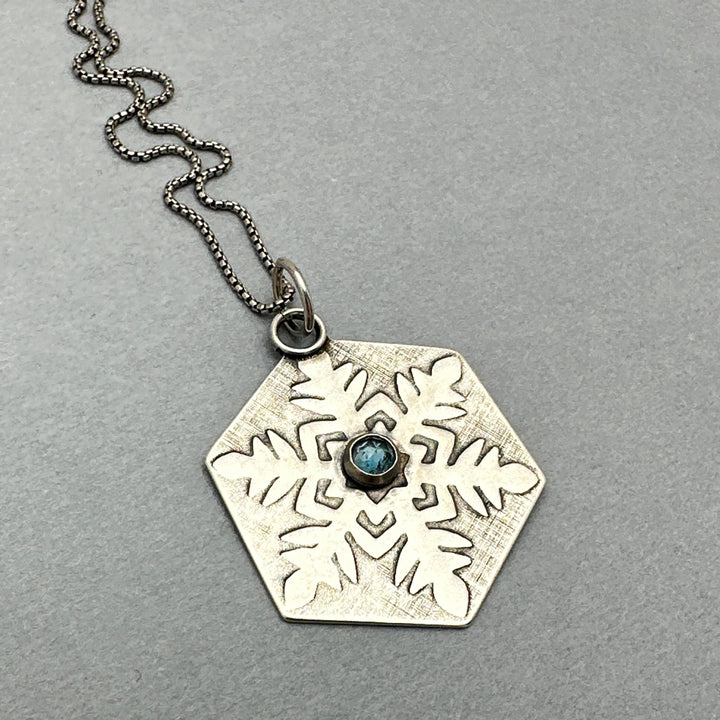 Aquamarine and Sterling Silver Snowflake Pendant Necklace - SunlightSilver