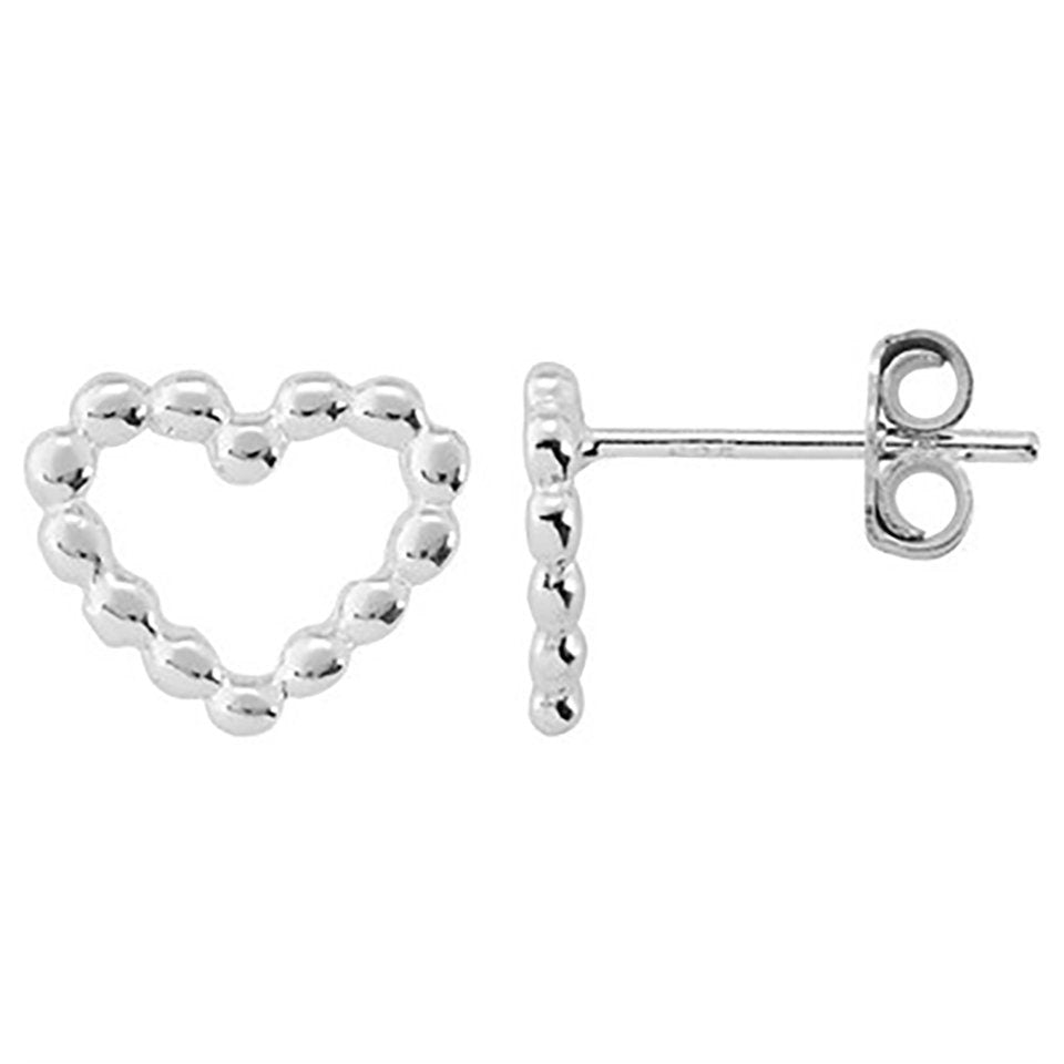 Beaded Heart Stud Earrings in Solid 925 Sterling Silver. Love Symbol Post Earrings - SunlightSilver