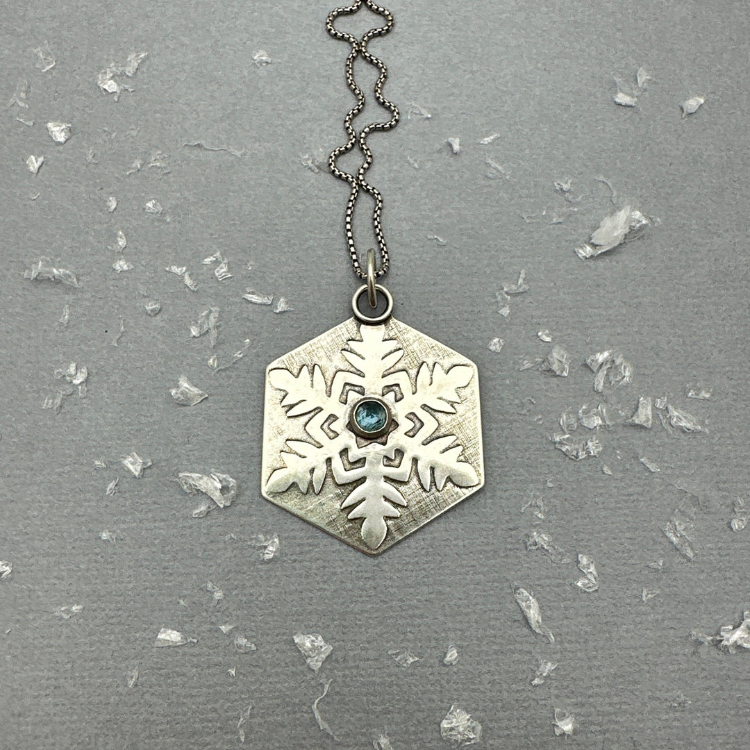 Aquamarine and Sterling Silver Snowflake Pendant Necklace - SunlightSilver