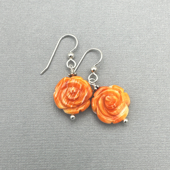 Orange Spiny Oyster Carved Flower and Solid 925 Sterling Silver Earrings - SunlightSilver