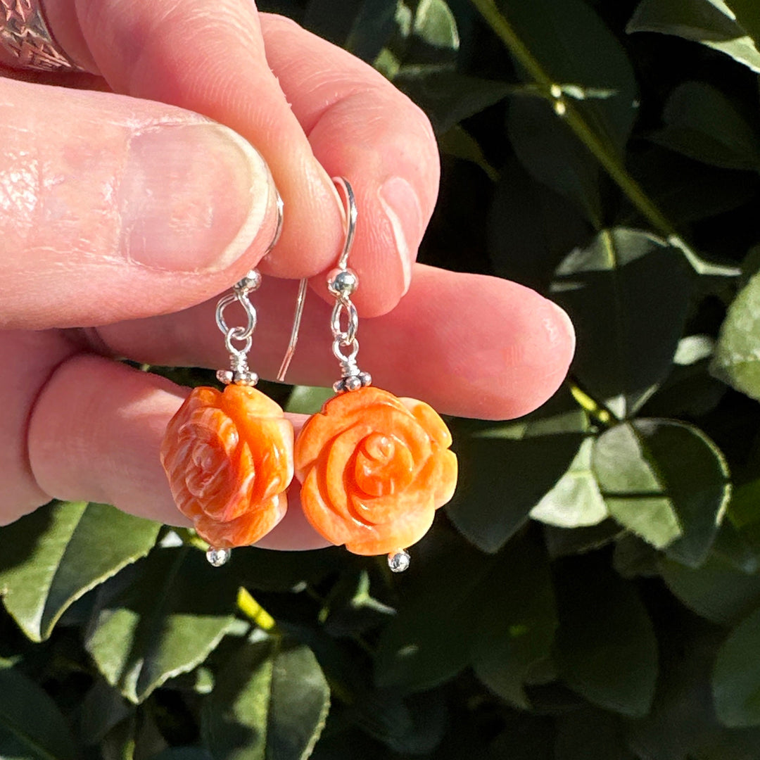 Orange Spiny Oyster Carved Flower and Solid 925 Sterling Silver Earrings - SunlightSilver