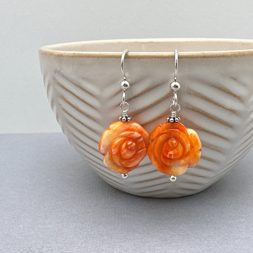 Orange Spiny Oyster Carved Flower and Solid 925 Sterling Silver Earrings - SunlightSilver