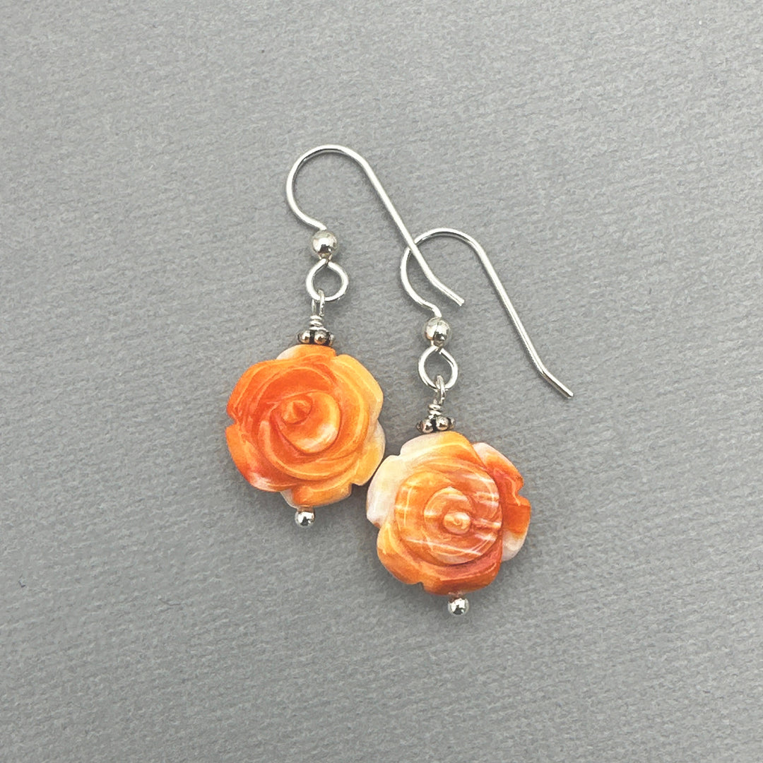 Orange Spiny Oyster Carved Flower and Solid 925 Sterling Silver Earrings - SunlightSilver