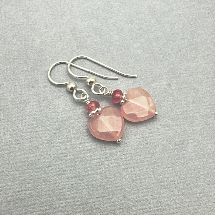 Rose Quartz Heart Earrings with Solid Sterling Silver - SunlightSilver