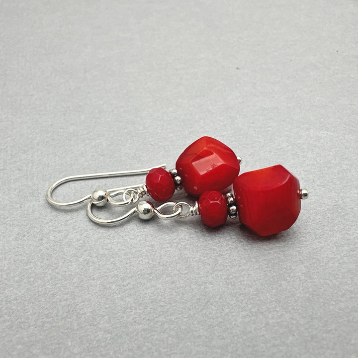 Red Coral and Sterling Silver Earrings. Genuine Coral Faceted Nugget Earrings - SunlightSilver