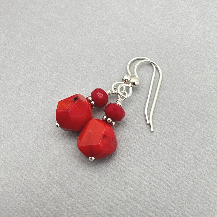 Red Coral and Sterling Silver Earrings. Genuine Coral Faceted Nugget Earrings - SunlightSilver