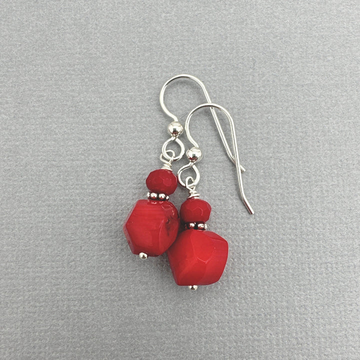 Red Coral and Sterling Silver Earrings. Genuine Coral Faceted Nugget Earrings - SunlightSilver