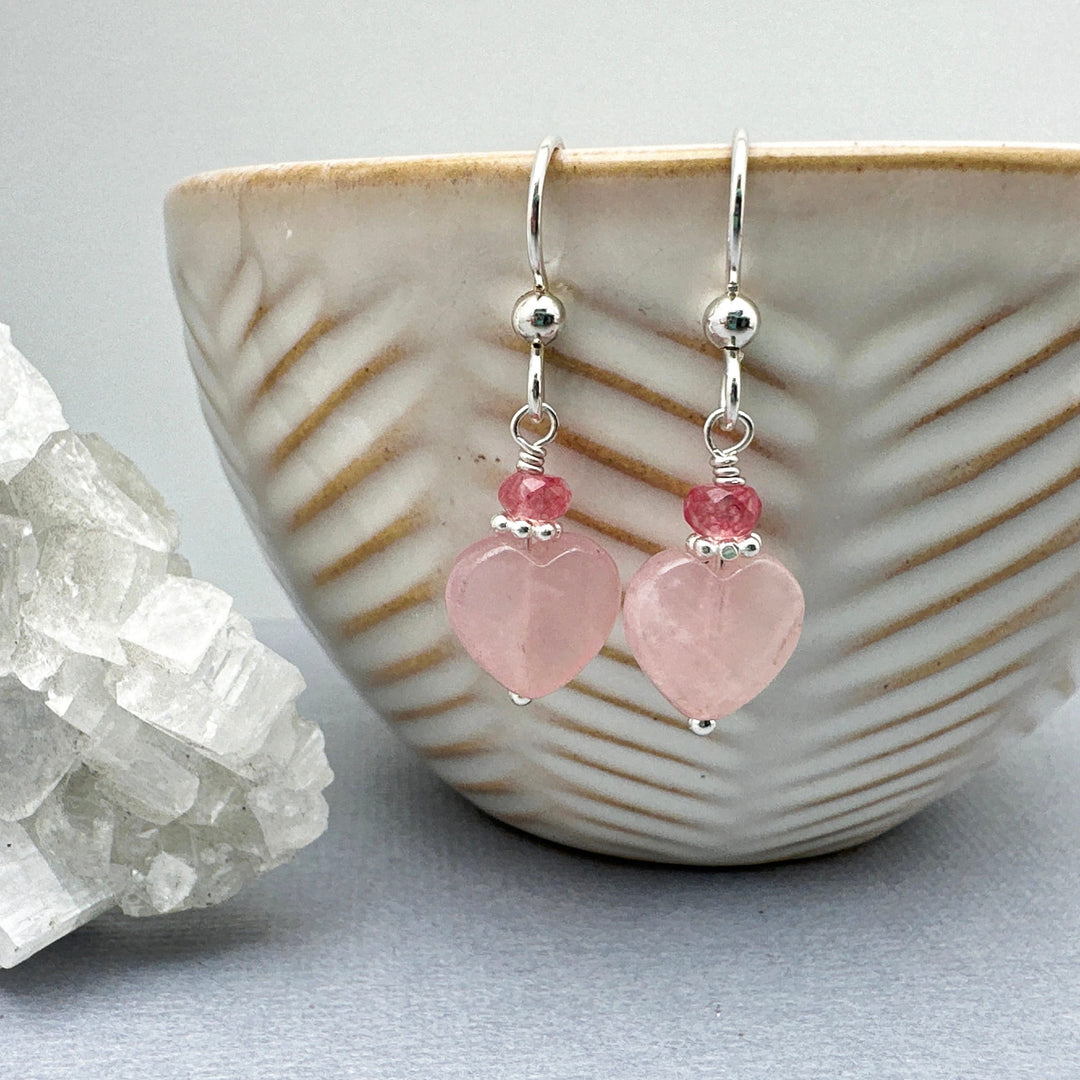 Rose Quartz Heart Earrings with Solid Sterling Silver - SunlightSilver