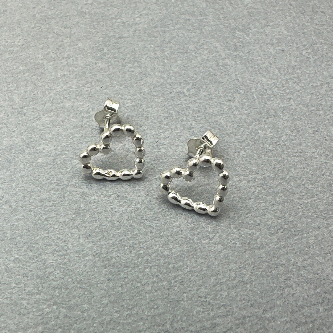 Beaded Heart Stud Earrings in Solid 925 Sterling Silver. Love Symbol Post Earrings - SunlightSilver