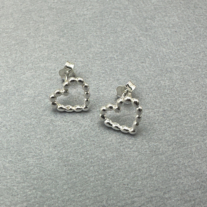 Beaded Heart Stud Earrings in Solid 925 Sterling Silver. Love Symbol Post Earrings - SunlightSilver