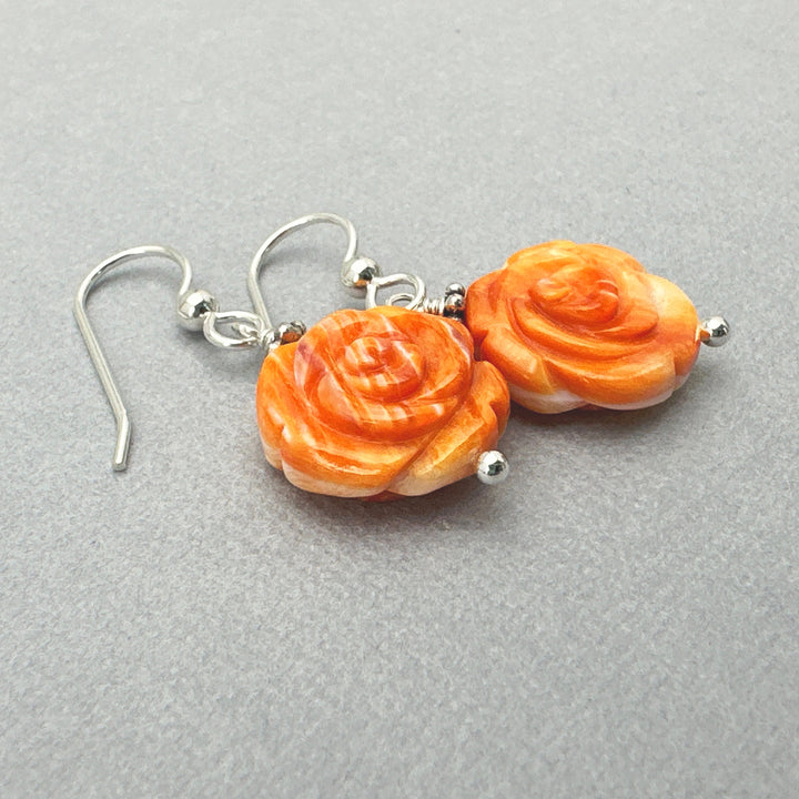 Orange Spiny Oyster Carved Flower and Solid 925 Sterling Silver Earrings - SunlightSilver