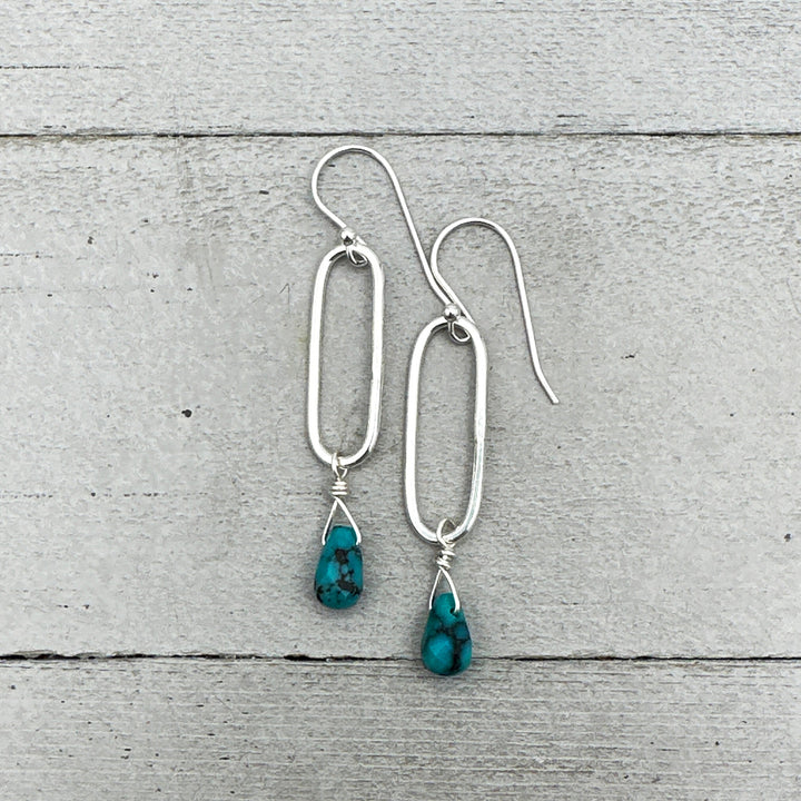 Turquoise Briolette and Sterling Silver Paperclip Hoop Earrings - SunlightSilver