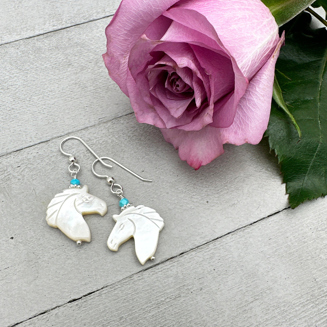 Turquoise, Carved Mother of Pearl Horse and Sterling Silver Earrings - SunlightSilver