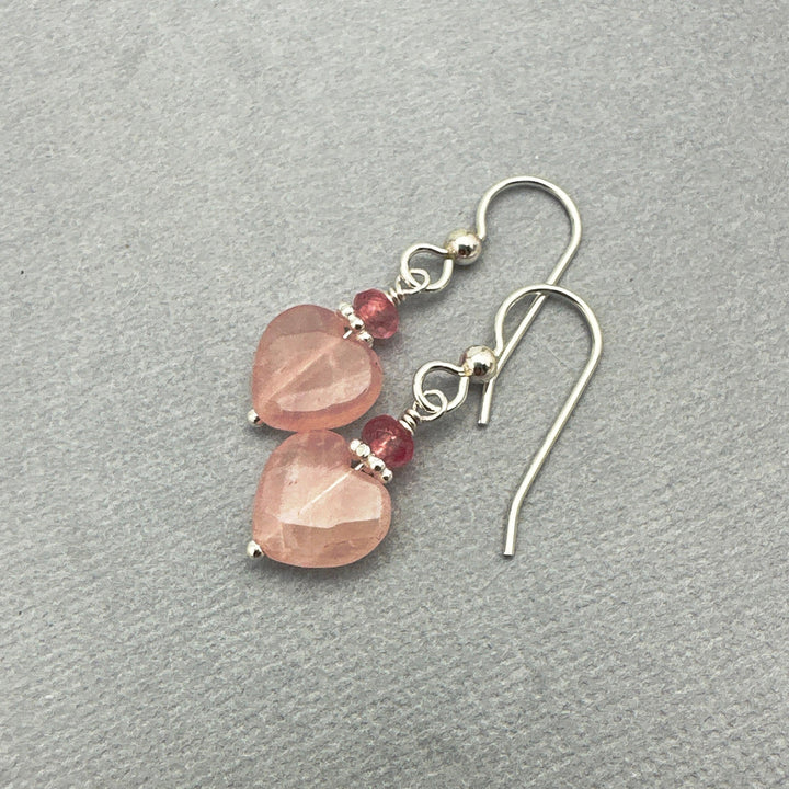 Rose Quartz Heart Earrings with Solid Sterling Silver - SunlightSilver