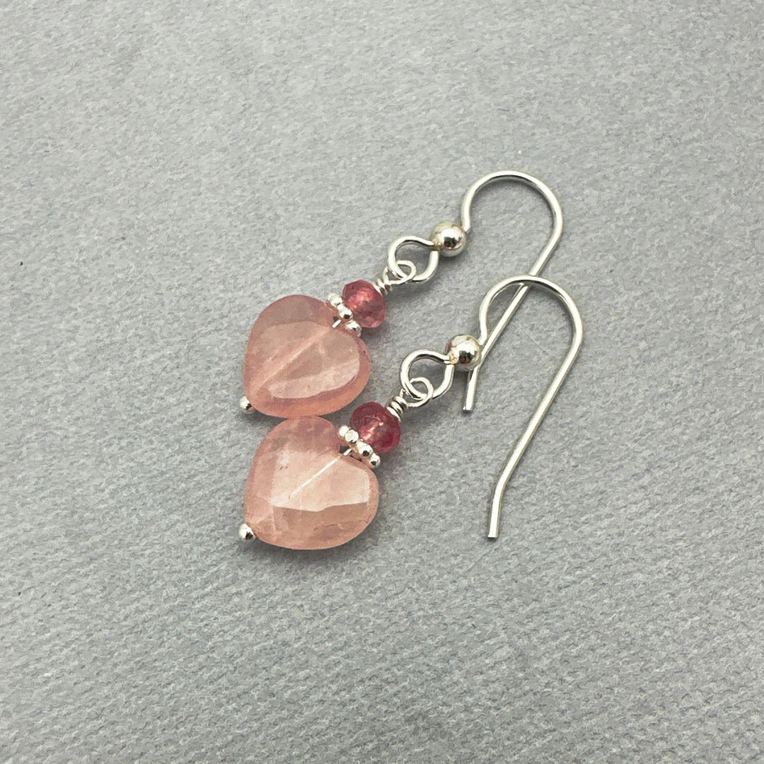 Rose Quartz Heart Earrings - Solid Sterling Silver - Pink Gemstone - SunlightSilver