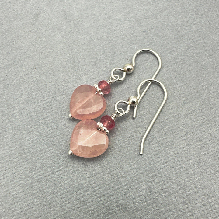 Rose Quartz Heart Earrings - Solid Sterling Silver - Pink Gemstone - SunlightSilver